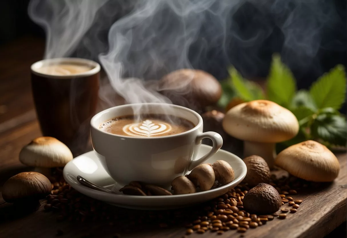 A table with a steaming cup of mushroom coffee surrounded by various mushroom species and ingredients