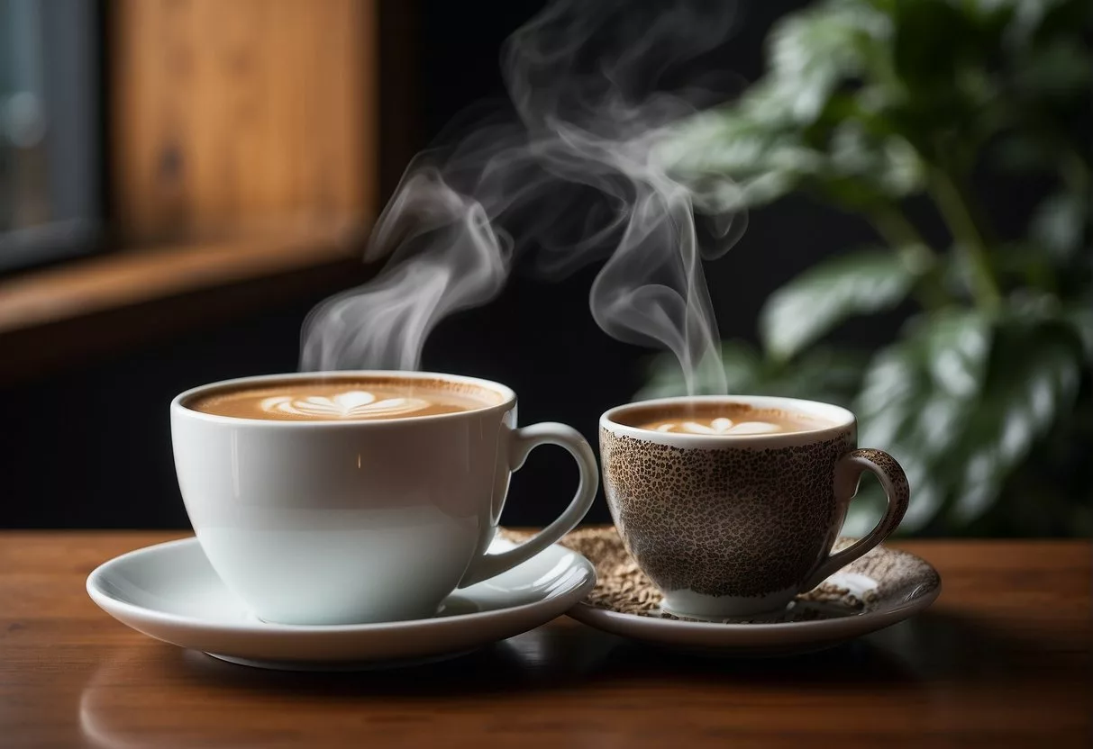 A steaming cup of mushroom coffee sits next to a regular coffee mug. The aroma of both brews fills the air, creating an inviting scene for an illustrator to recreate