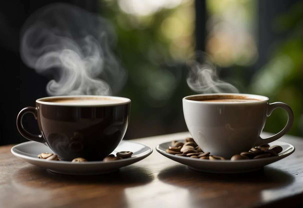 A steaming cup of mushroom coffee sits next to a regular cup of coffee, with a swirling aroma rising from both