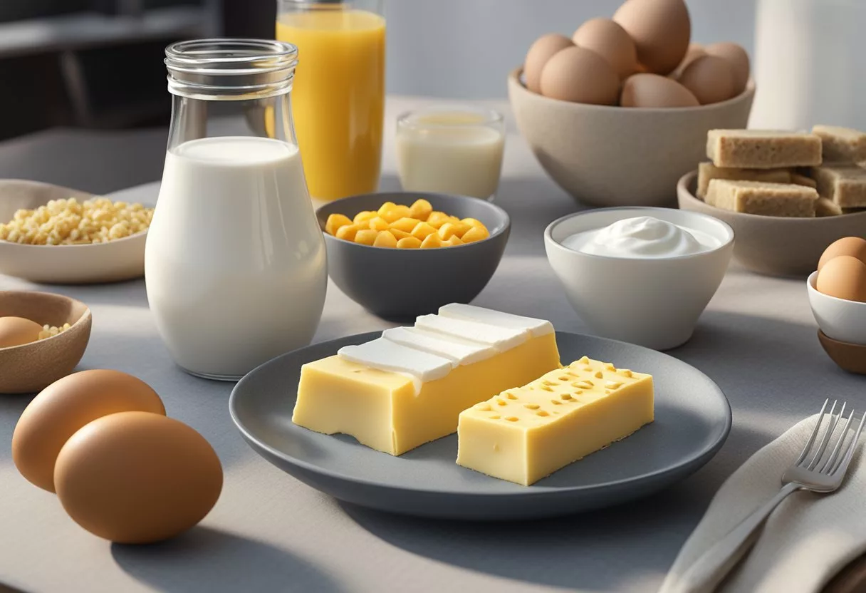 A table with a variety of dairy and egg-based protein snacks, including yogurt, cheese, hard-boiled eggs, and protein bars