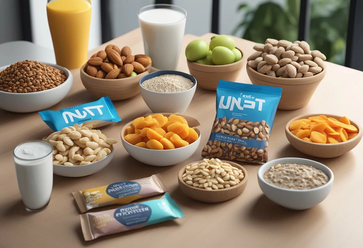 A table with various healthy high-protein snacks, such as nuts, seeds, yogurt, and protein bars, displayed in colorful packaging