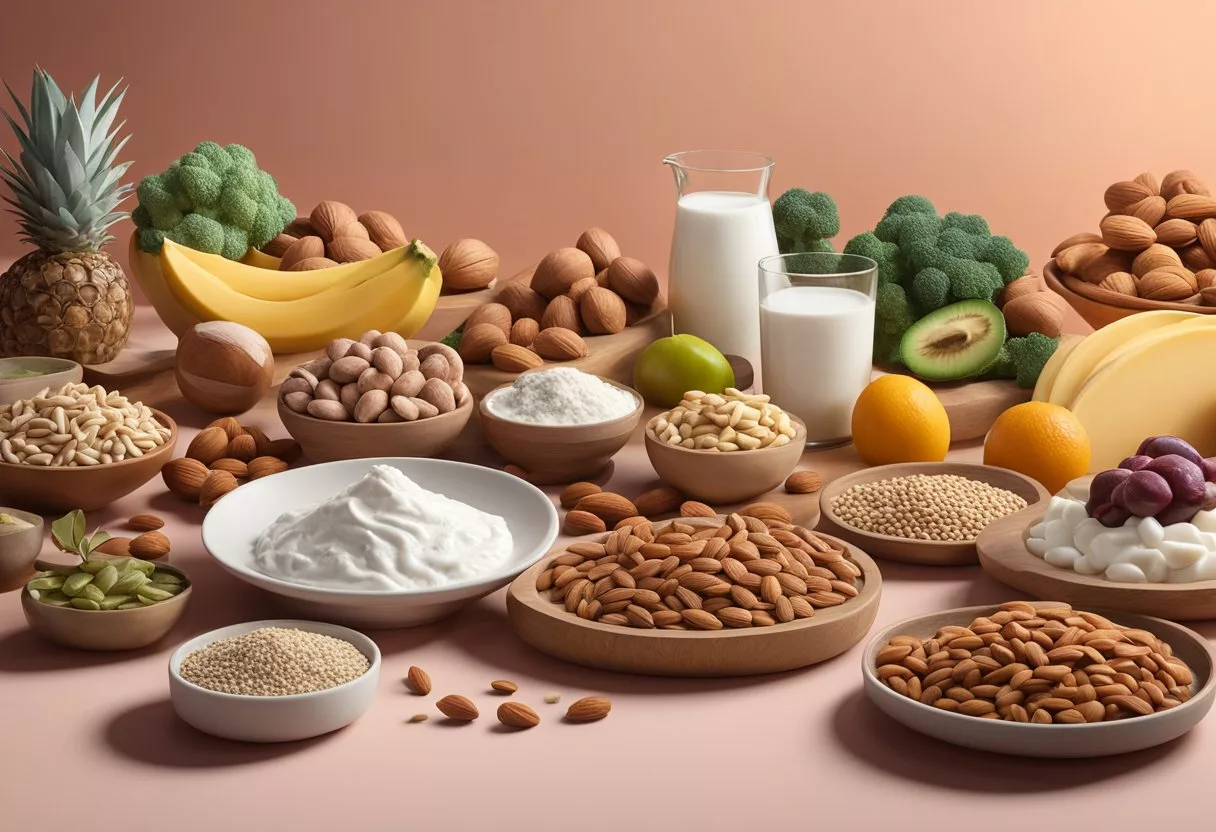 Various protein-rich foods arranged creatively on a table, including nuts, seeds, yogurt, and lean meats. Bright, colorful backdrop with modern, minimalist styling