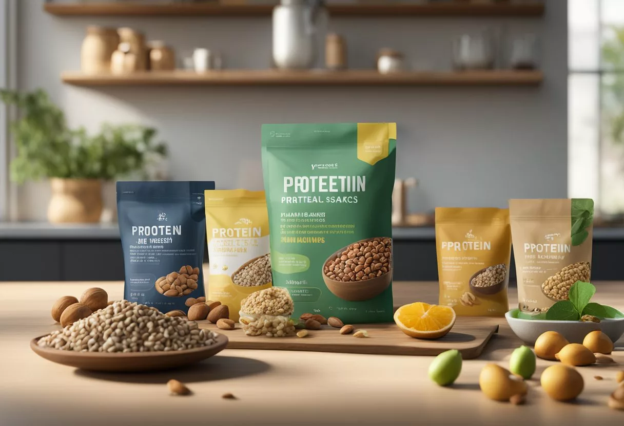 A variety of plant-based protein snacks displayed on a wooden table with fruits, nuts, seeds, and protein bars. Bright natural lighting and greenery in the background