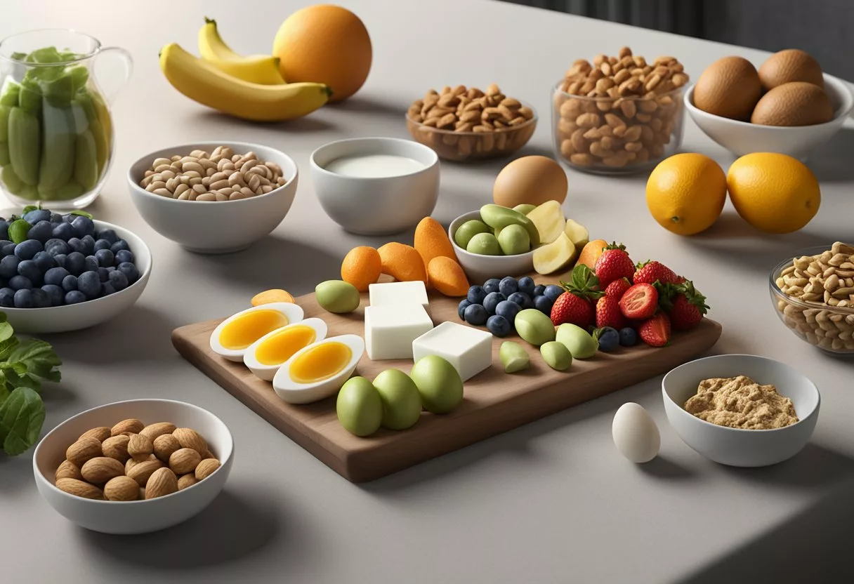 A table with various healthy high protein snacks: nuts, Greek yogurt, hard-boiled eggs, and protein bars. Fruits and vegetables are also displayed for added nutritional value