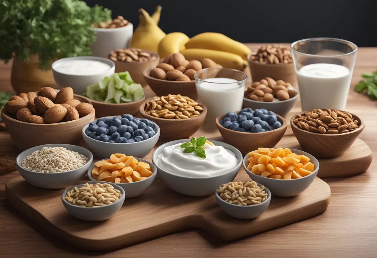 A variety of high-protein snacks arranged on a wooden cutting board, including nuts, seeds, Greek yogurt, and lean meats. Bright, fresh ingredients are displayed to convey health and nutrition