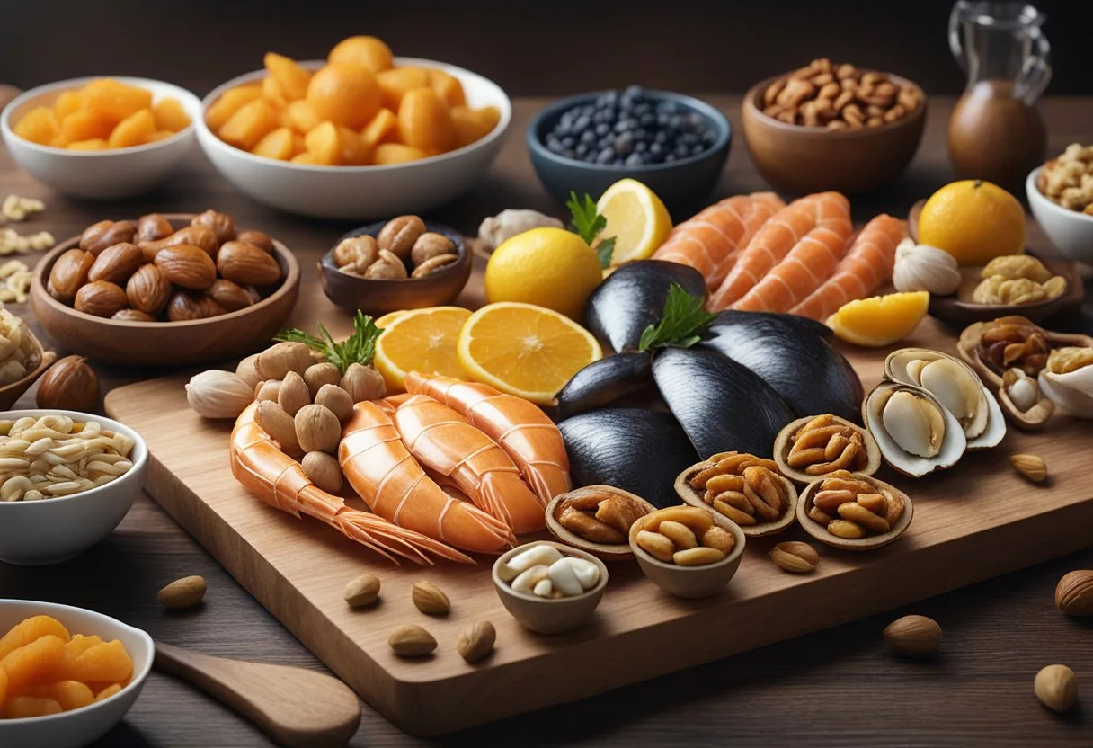 A variety of meats and seafood arranged on a wooden board, surrounded by nuts and dried fruits