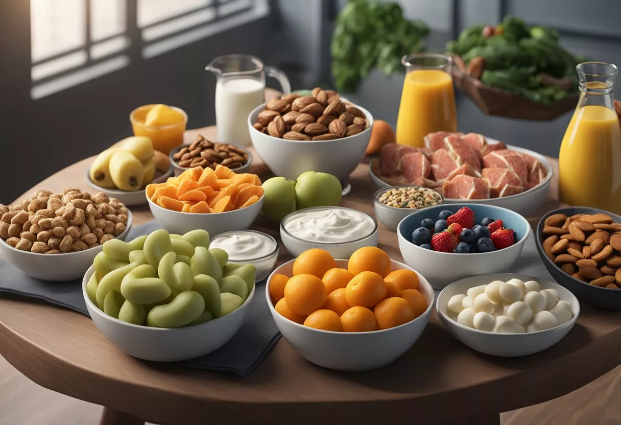 A table with assorted high protein snacks like nuts, Greek yogurt, and lean meats. Fruits and vegetables are also displayed for healthy options
