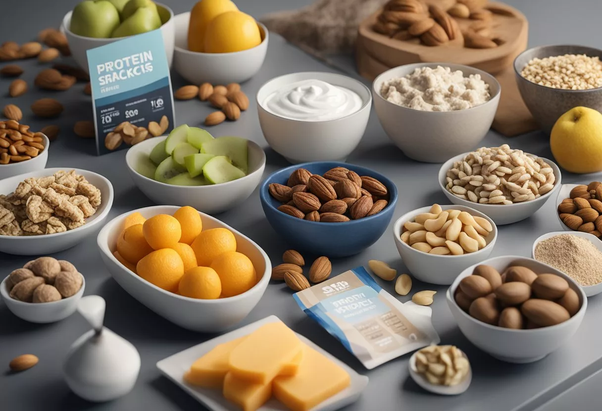 A variety of high protein snacks displayed on a table with labels indicating dietary restrictions. Fruits, nuts, yogurt, and protein bars are included