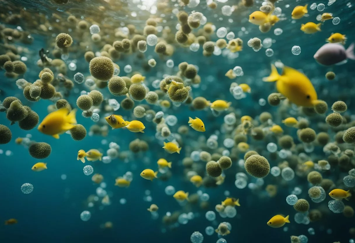 A polluted ocean with microscopic plastic particles floating in the water, surrounded by marine life and evidence of human impact