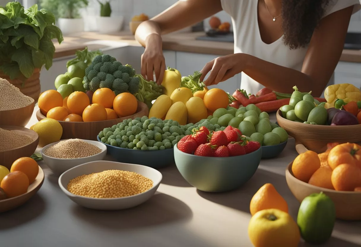A table filled with colorful fruits, vegetables, and whole grains. A woman preparing a meal with anti-inflammatory ingredients