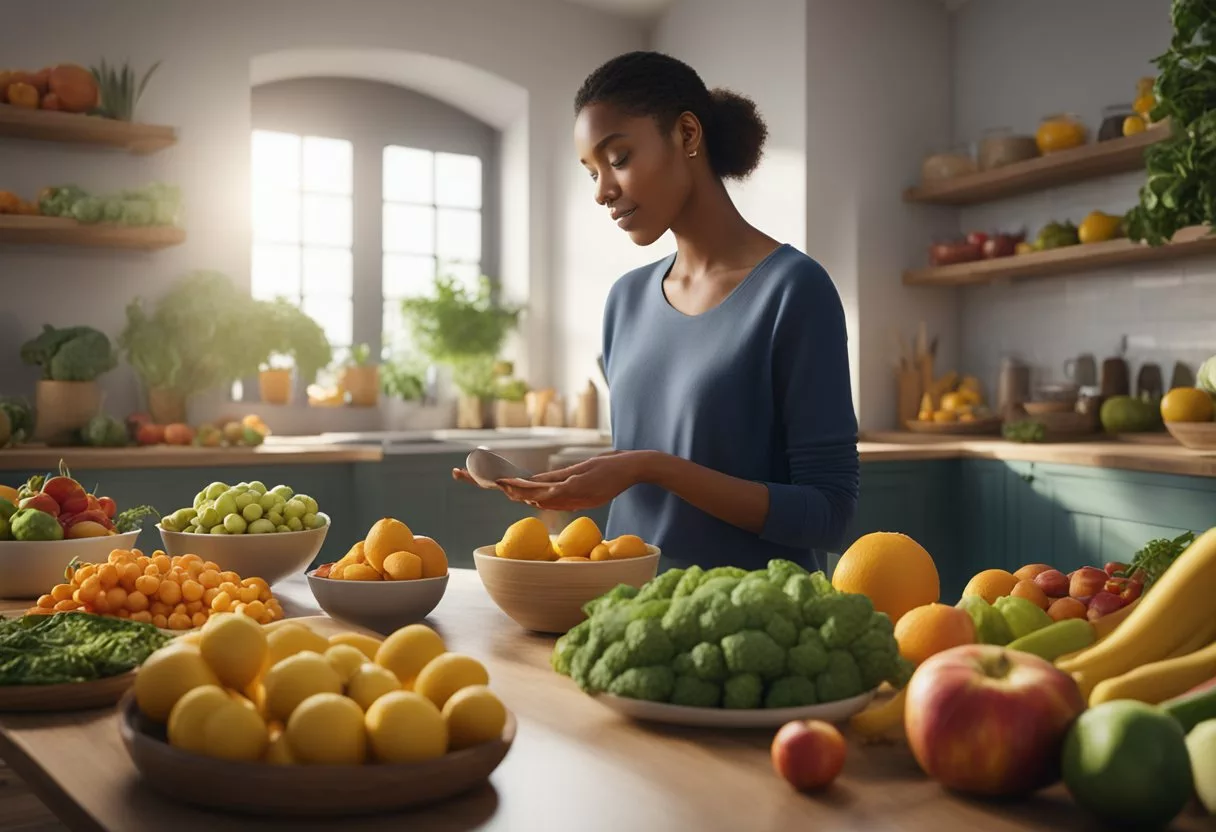 A table filled with colorful fruits, vegetables, and whole grains. A woman preparing a healthy meal with anti-inflammatory ingredients