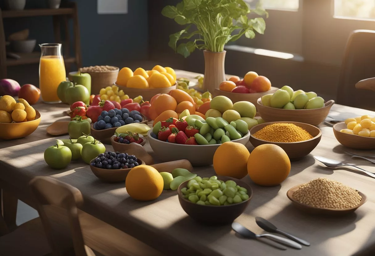 A table set with colorful fruits, vegetables, and whole grains. A woman's silhouette in the background, radiating energy and vitality