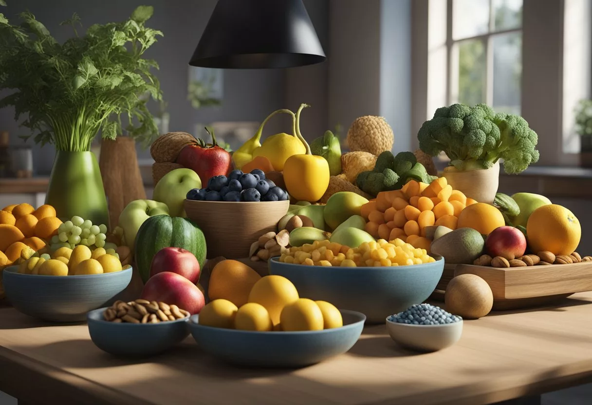 A table filled with colorful fruits, vegetables, nuts, and seeds. A variety of whole grains and lean proteins are also present. The scene exudes freshness and health