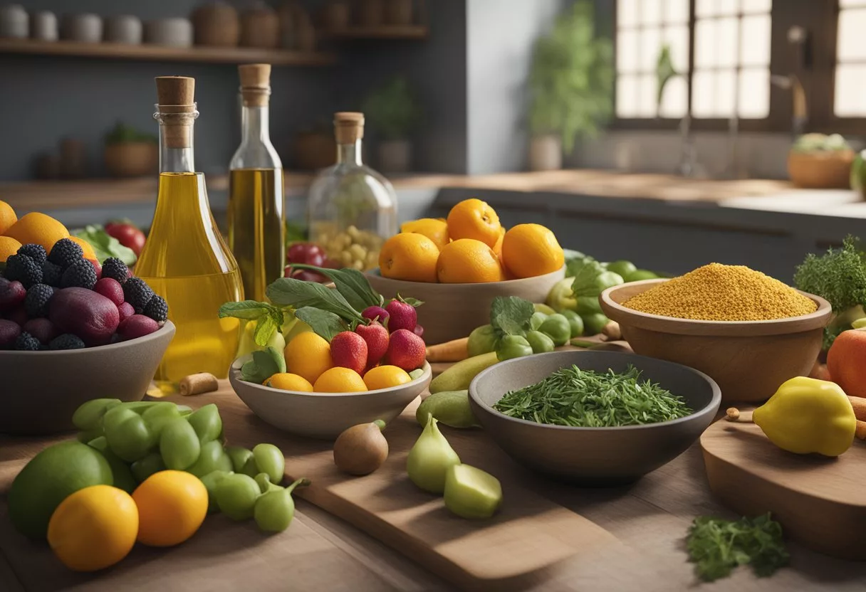 A table filled with colorful fruits, vegetables, and whole grains. A bottle of olive oil and a variety of herbs and spices sit nearby. An open cookbook displaying anti-inflammatory recipes