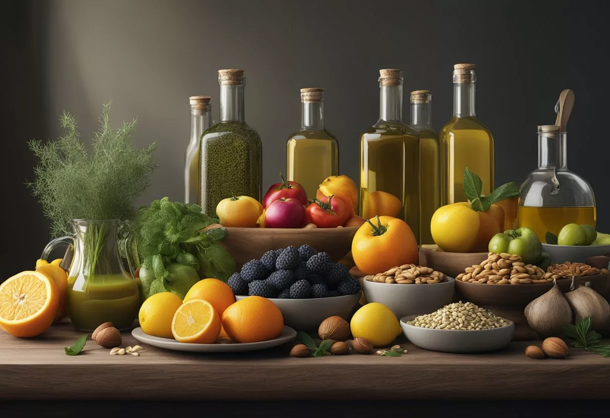 A table filled with colorful fruits, vegetables, nuts, and seeds, surrounded by bottles of olive oil and herbs. A cookbook open to a page on anti-inflammatory recipes
