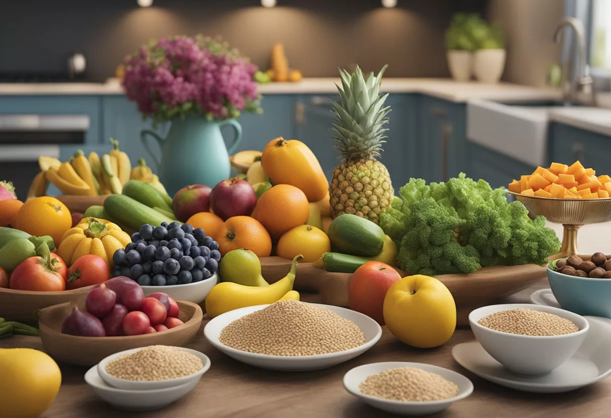 A table with a variety of colorful fruits, vegetables, and whole grains. A book titled "FAQs and Myths About Menopause and Diet" is open next to a plate of anti-inflammatory foods