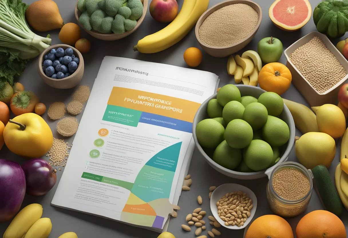 A table with various colorful fruits, vegetables, and whole grains, surrounded by informational pamphlets and a list of frequently asked questions about an anti-inflammatory diet for menopause