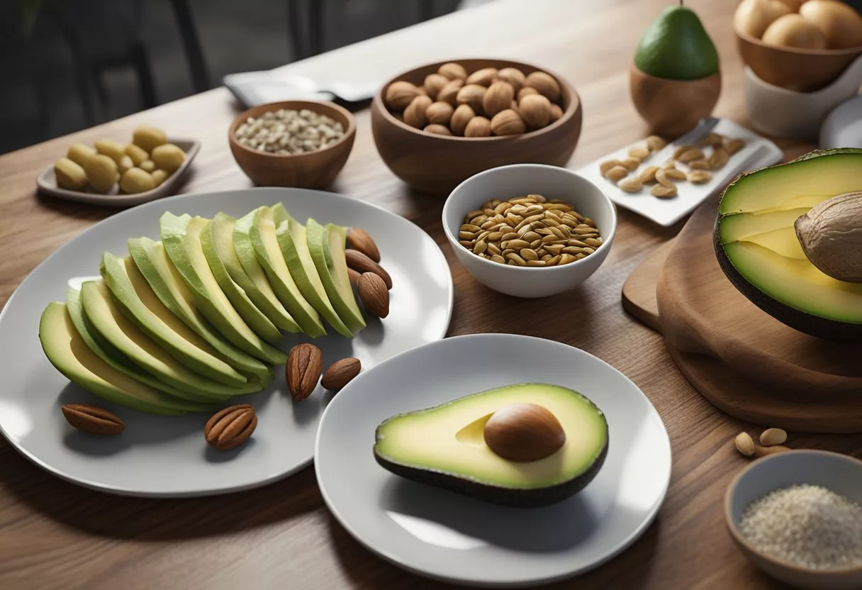 A table with a variety of foods: avocado, nuts, seeds, and lean meats. A balanced plate with healthy fats and proteins for stable blood sugar