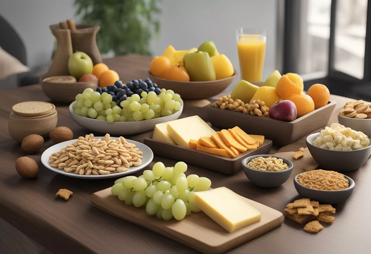 A table with a variety of healthy snack options: nuts, fruits, whole grain crackers, and low-fat cheese. A recipe book open to a page with diabetic-friendly snack ideas