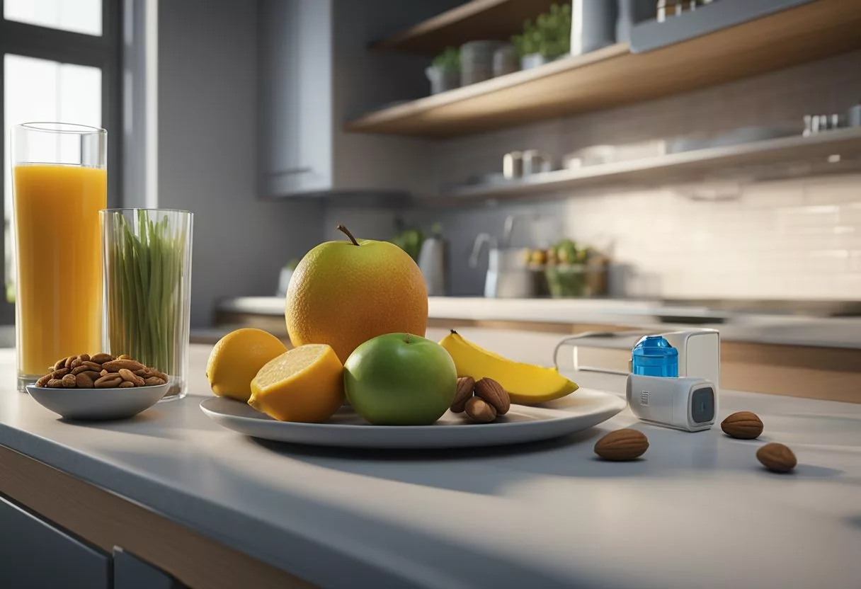 A dimly lit kitchen counter with a plate of sliced fruits, nuts, and a glass of water. A glucose meter and insulin pen sit nearby, emphasizing the importance of mindful snacking for diabetes management