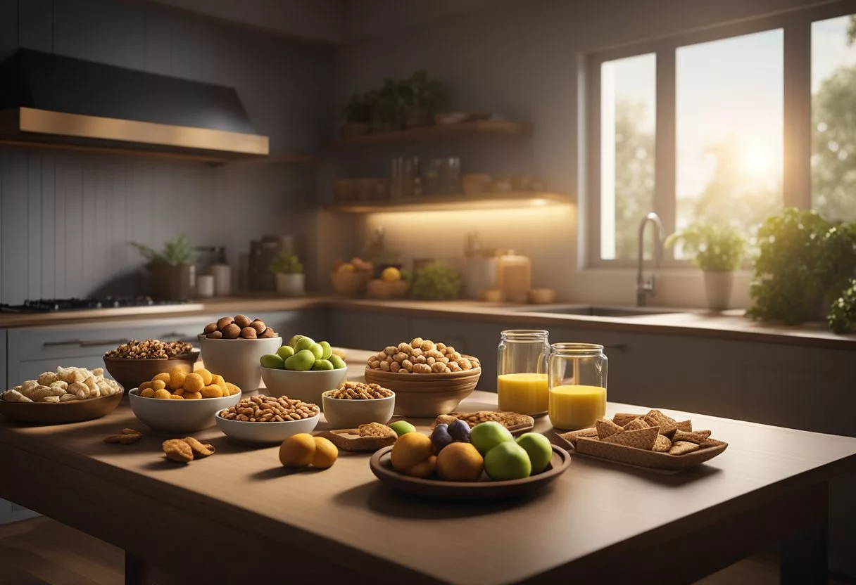 A table with a variety of healthy snacks, such as nuts, fruits, and whole grain crackers, illuminated by soft, warm lighting in a dimly lit kitchen