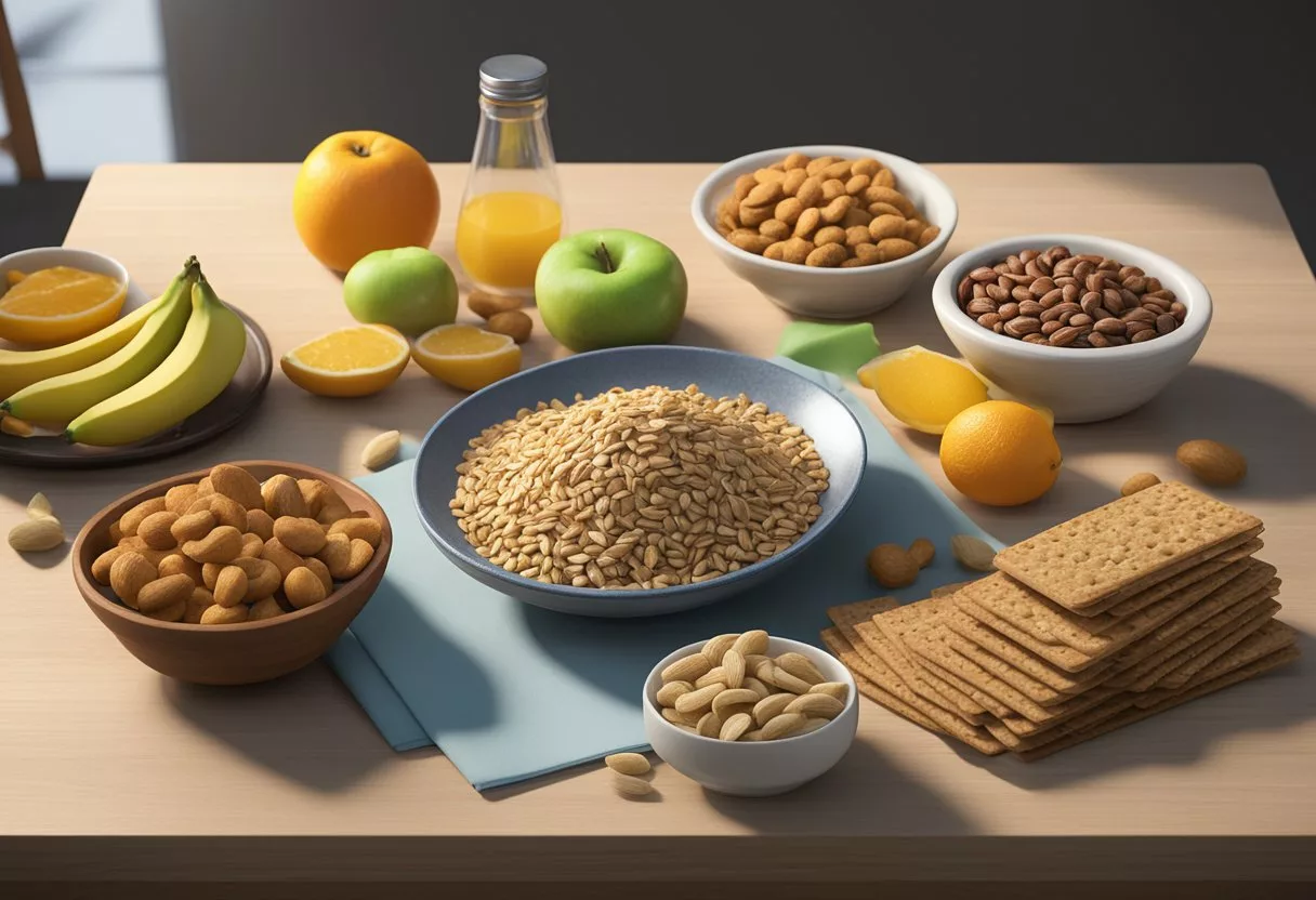 A table with healthy snack options like nuts, fruits, and whole grain crackers. A glucose monitor and insulin pen are nearby