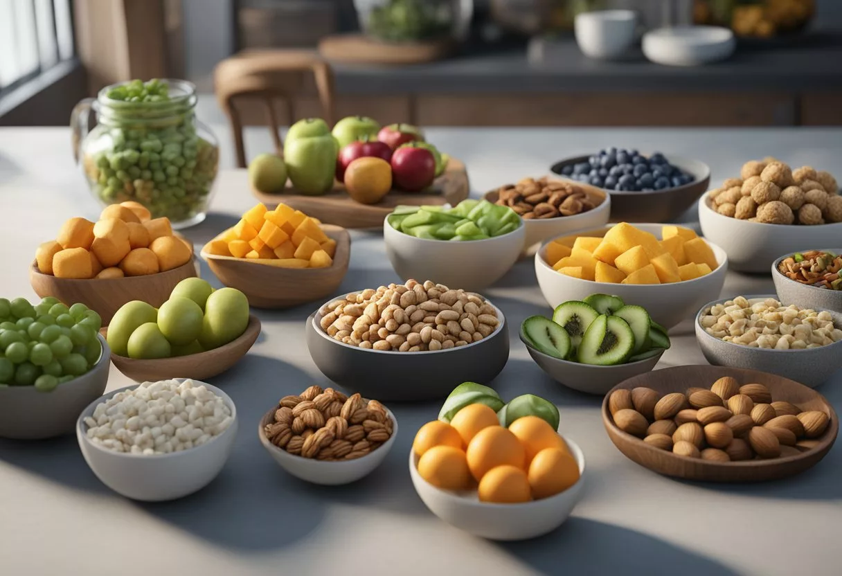 A table displays various healthy snacks in small portion sizes, including nuts, fruits, and vegetables. A measuring cup and portion control tools are nearby