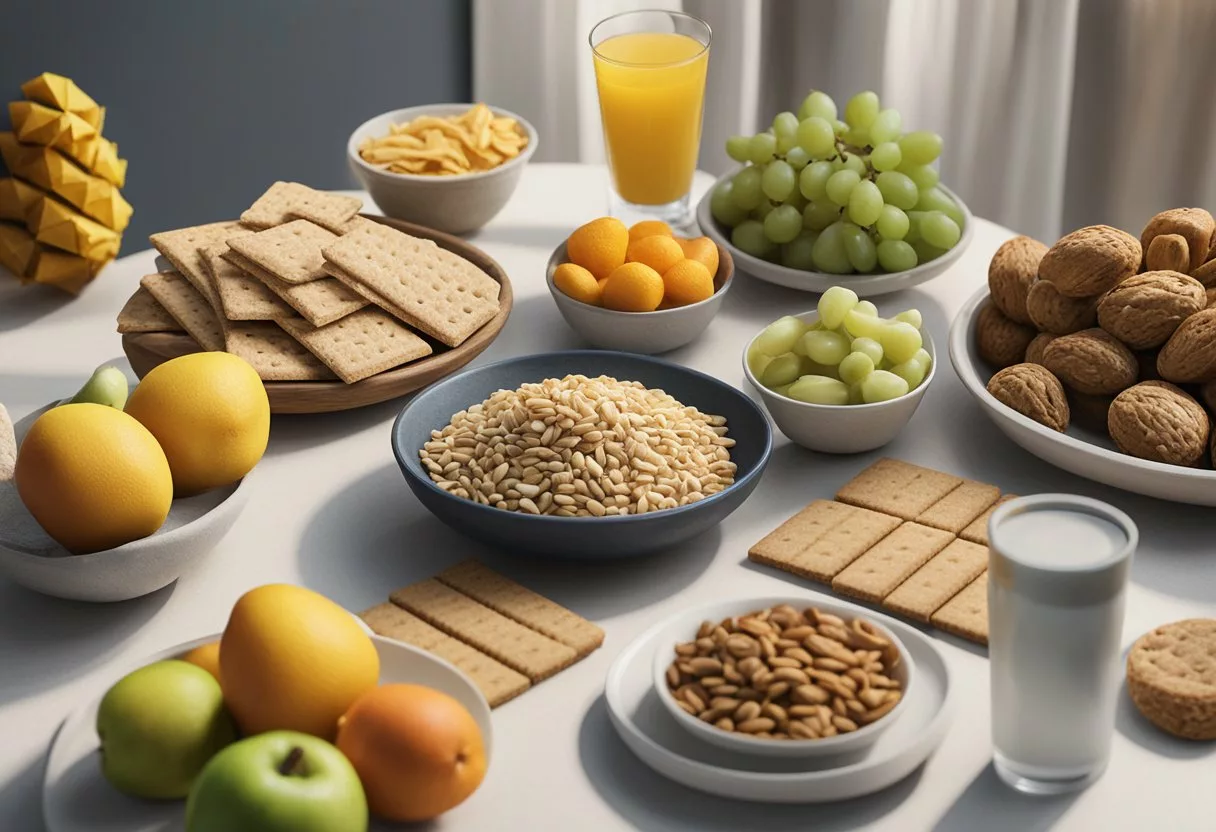 A table with a variety of healthy snack options like nuts, fruits, and whole grain crackers. A glass of water and a diabetes management guidebook are placed next to the snacks