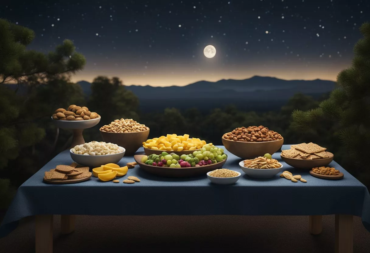 A table with a variety of healthy snacks, like nuts, fruits, and whole grain crackers, set against a dark, starry night sky