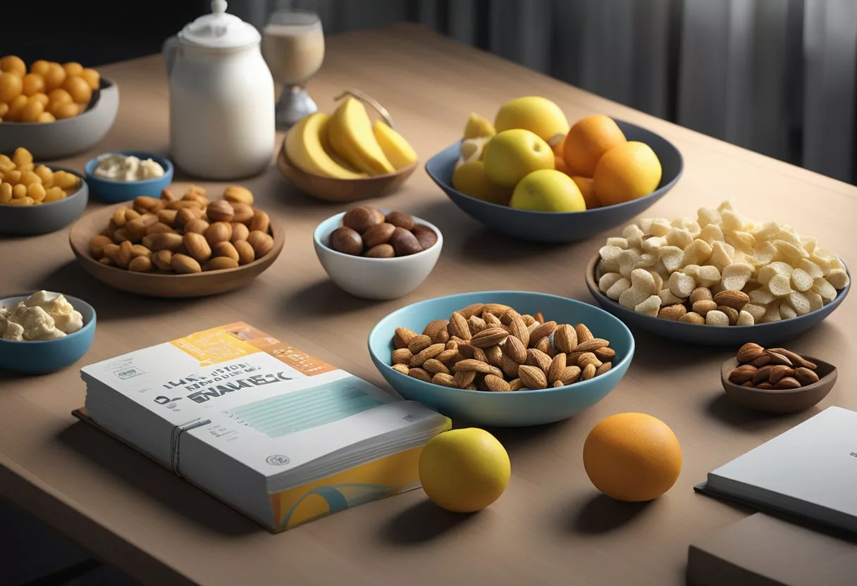 A table with a variety of healthy night time snacks, such as nuts, fruits, and yogurt, next to a diabetes education book