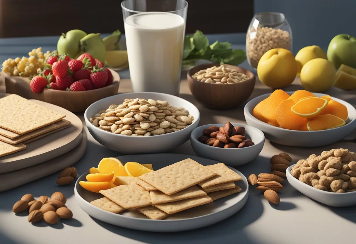 A table with a variety of healthy, low-glycemic index snacks like whole grain crackers, nuts, and fresh fruit. A diabetes-friendly cookbook and a blood glucose monitor are also present