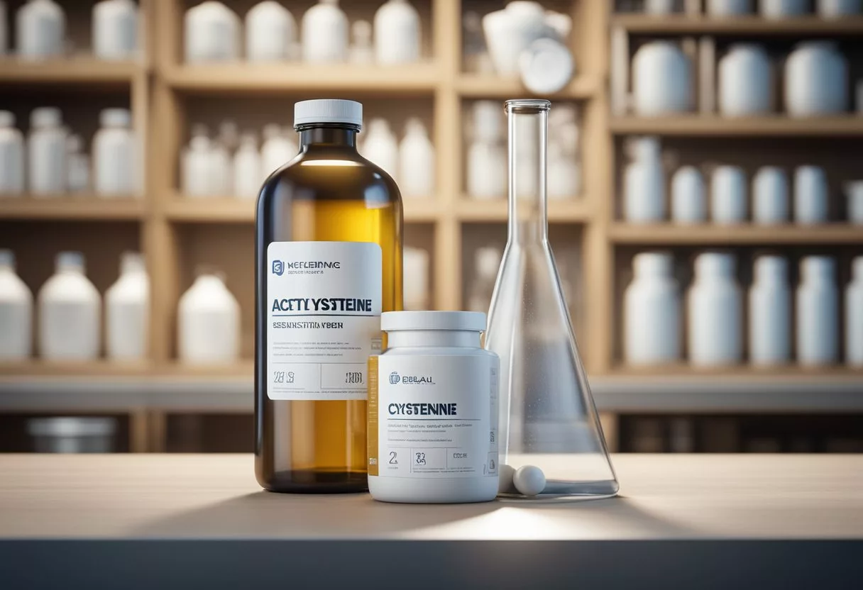 Acetyl cysteine bottle with label, surrounded by scientific equipment and research papers