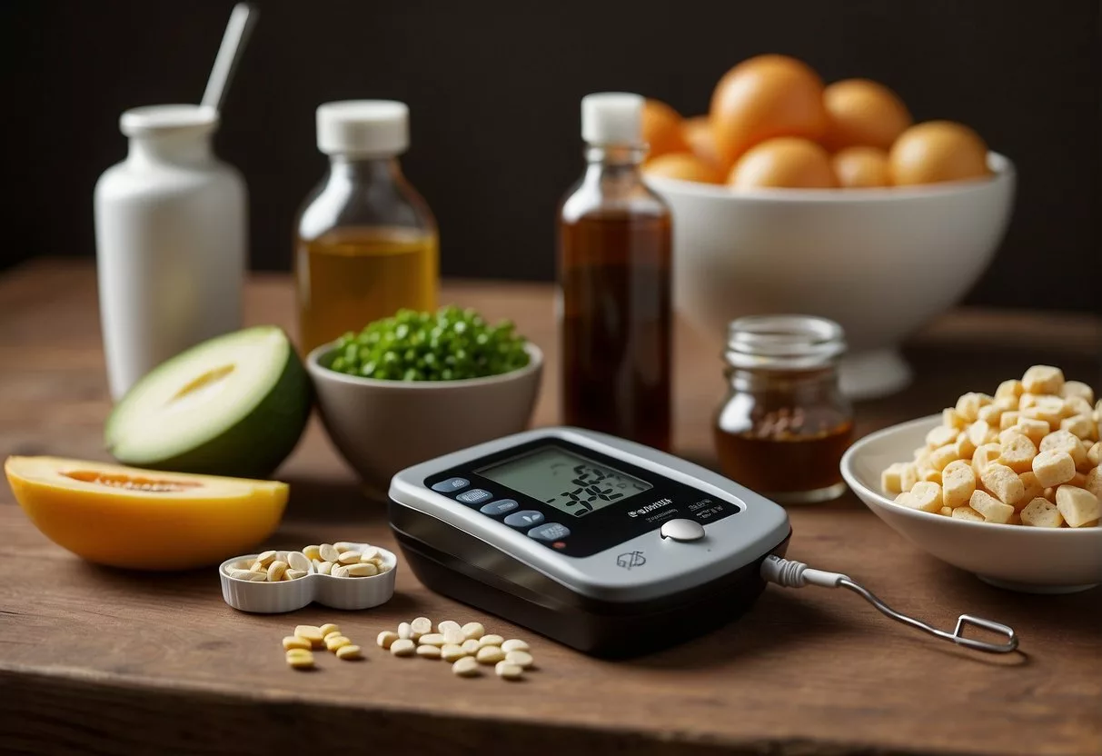 A table with keto and vegan food options, a blood sugar monitor, and a diabetes medication bottle