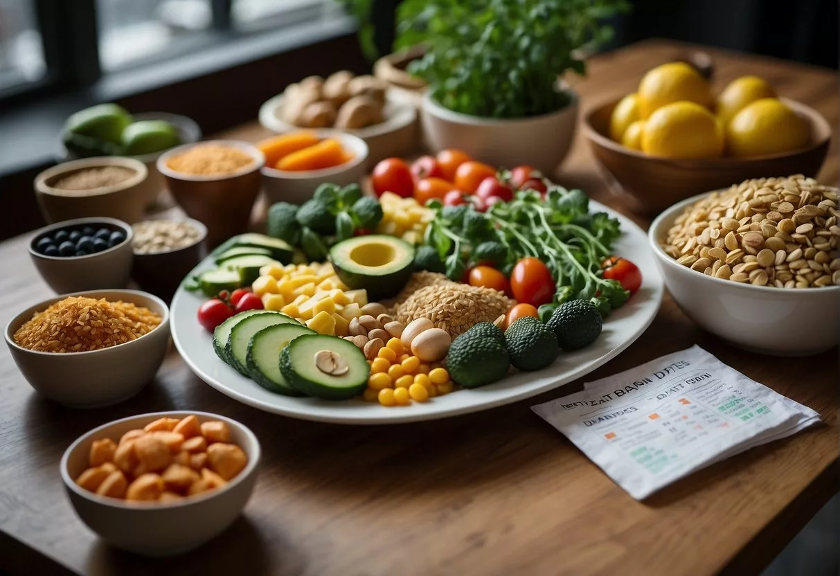 A table with various plant-based foods and nutritional labels, alongside a chart comparing keto and vegan diets for diabetes management