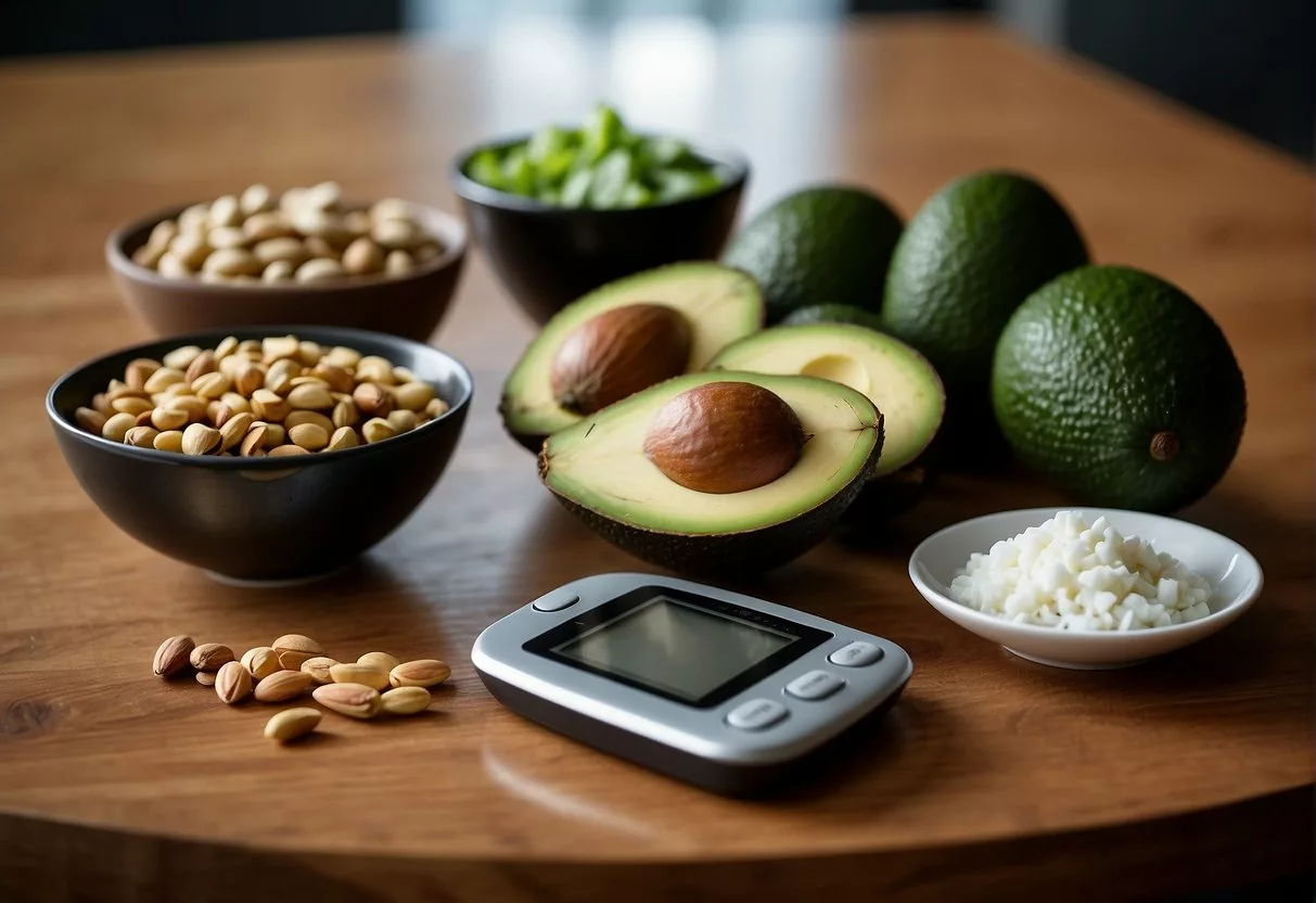Two tables side by side: one with keto-friendly foods like avocados and nuts, the other with vegan options like tofu and leafy greens. A chart comparing blood sugar levels and insulin sensitivity sits between them