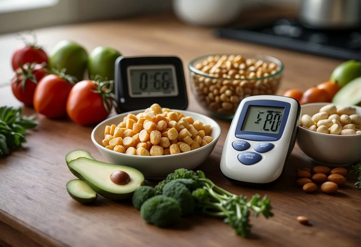 A table with keto and vegan food options, a blood glucose monitor, and a diabetes education book