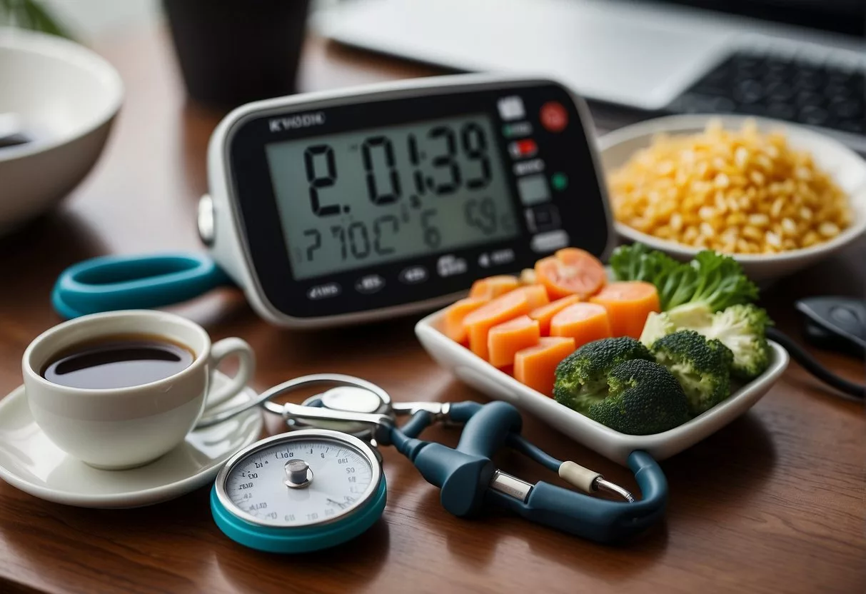 A table with keto and vegan food options, blood sugar monitor, and a doctor's stethoscope on a desk
