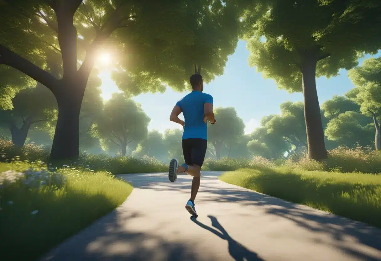 A person is jogging in a vibrant park, surrounded by lush greenery and a clear blue sky. The sun is shining, and there is a sense of peace and tranquility in the air