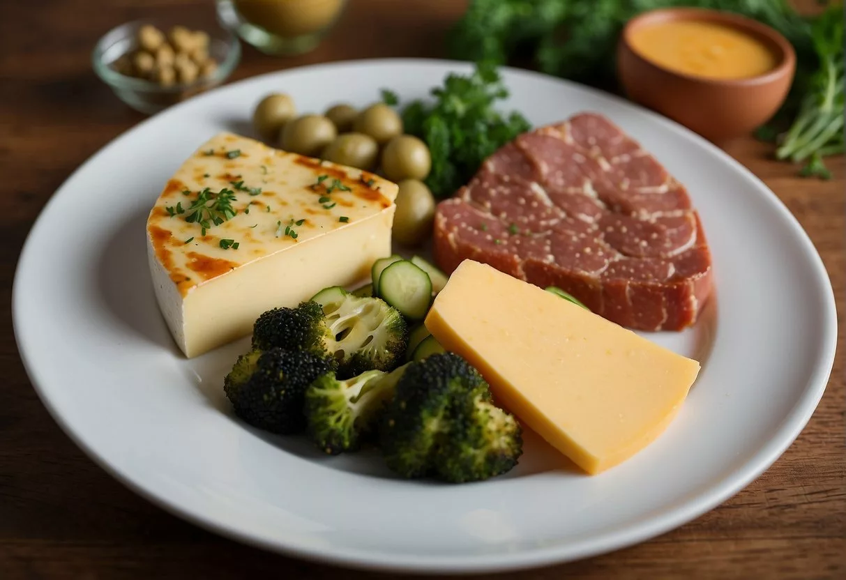 A plate divided in half, one side with keto-friendly foods like meat and cheese, the other with vegan options like vegetables and tofu
