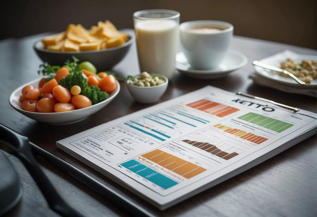 A table with two columns labeled "keto" and "vegan" displaying charts and graphs, surrounded by medical journals and guidelines