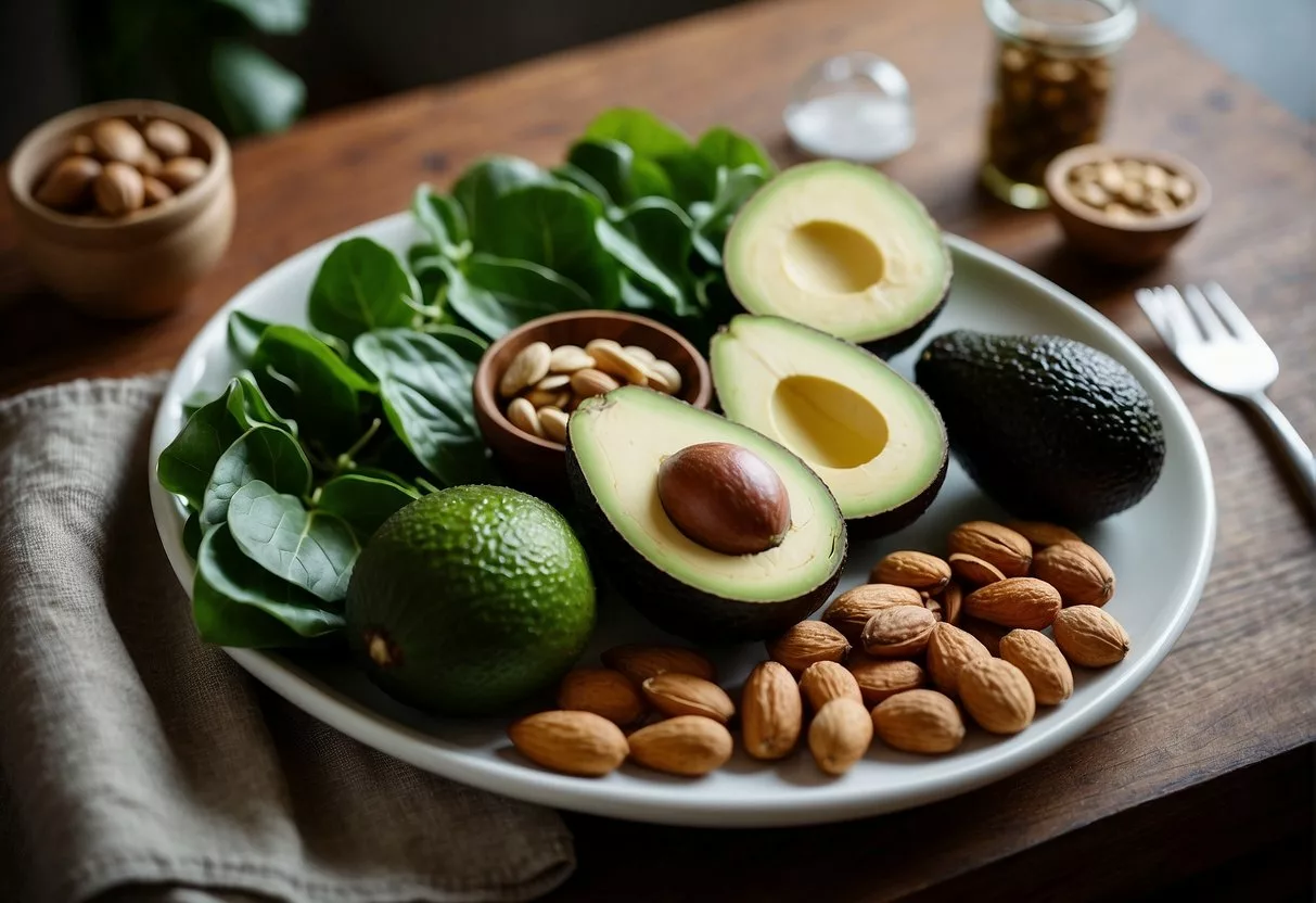 A table with a variety of foods: avocados, nuts, leafy greens, and tofu. A scale weighing out portions of carbohydrates and fats. A chart comparing nutrient values for keto and vegan diets for diabetes management