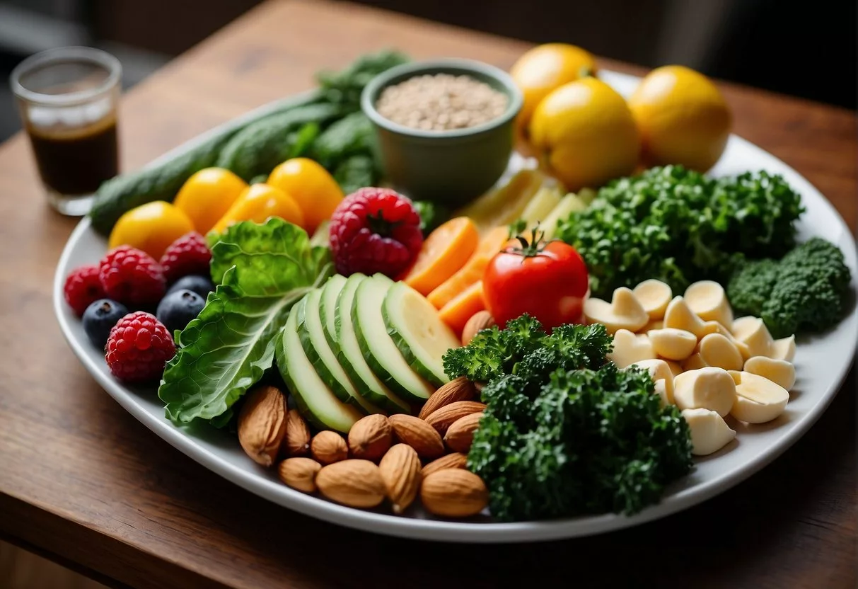 A table with a variety of colorful fruits, vegetables, and plant-based proteins. A plate of leafy greens and a bowl of nuts sit next to a stack of recipe books on vegan and keto diets for diabetes