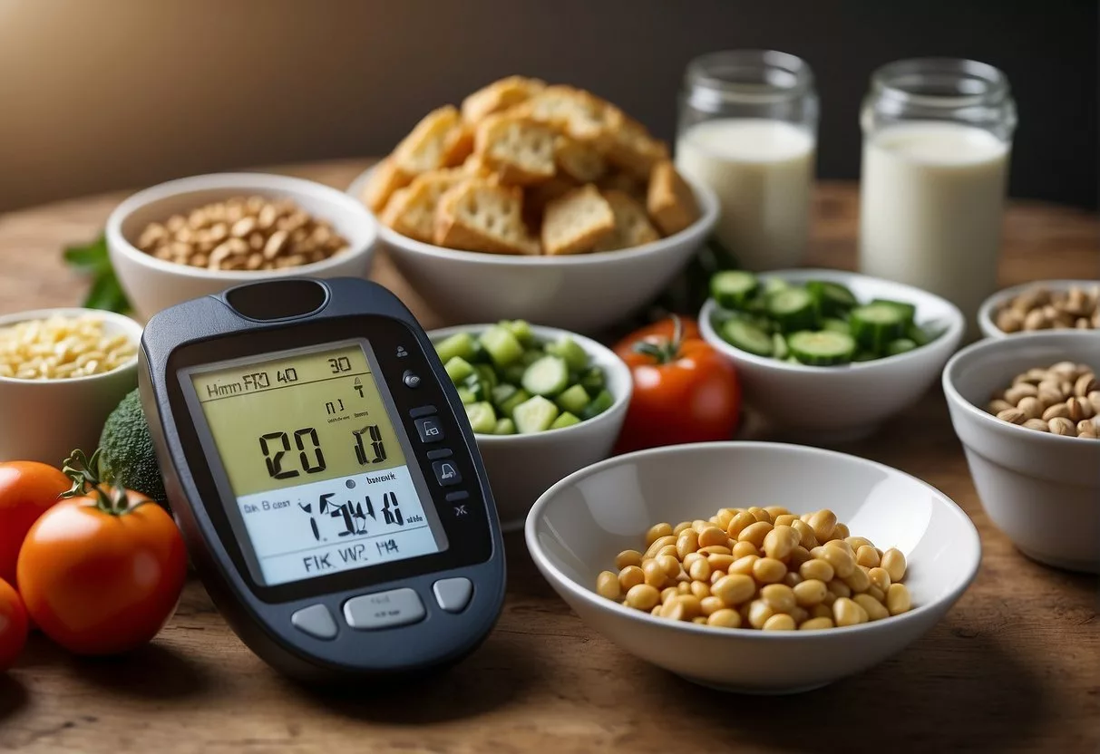 A table with keto and vegan food options, a glucometer, and a diabetes education poster on a wall