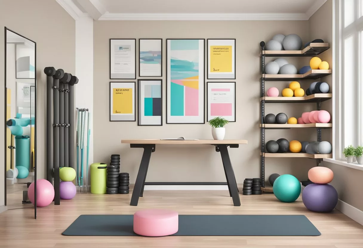 Dumbbells, resistance bands, and yoga mats arranged in a neat and organized manner, surrounded by motivational posters and mirrors