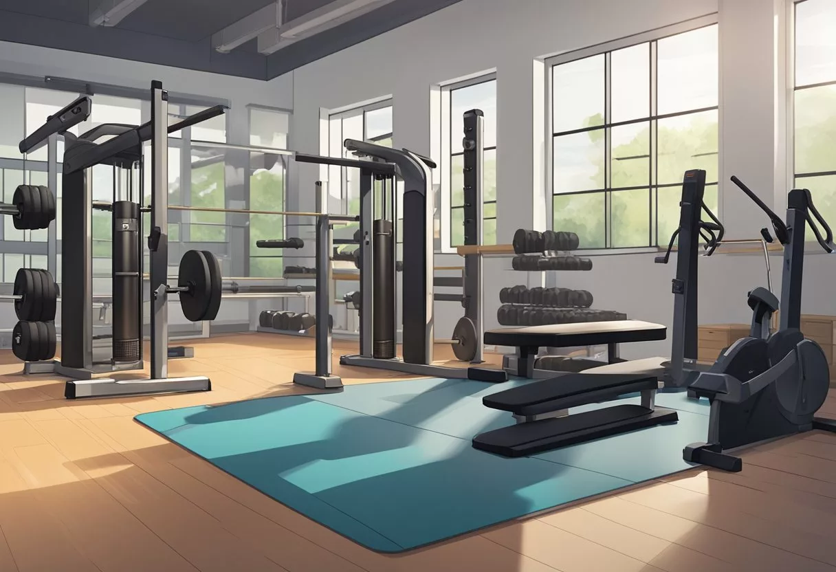 A weight rack stands in a well-lit gym, surrounded by various exercise equipment. A protein shake sits on a nearby bench, while a workout log and pen lay open on the floor