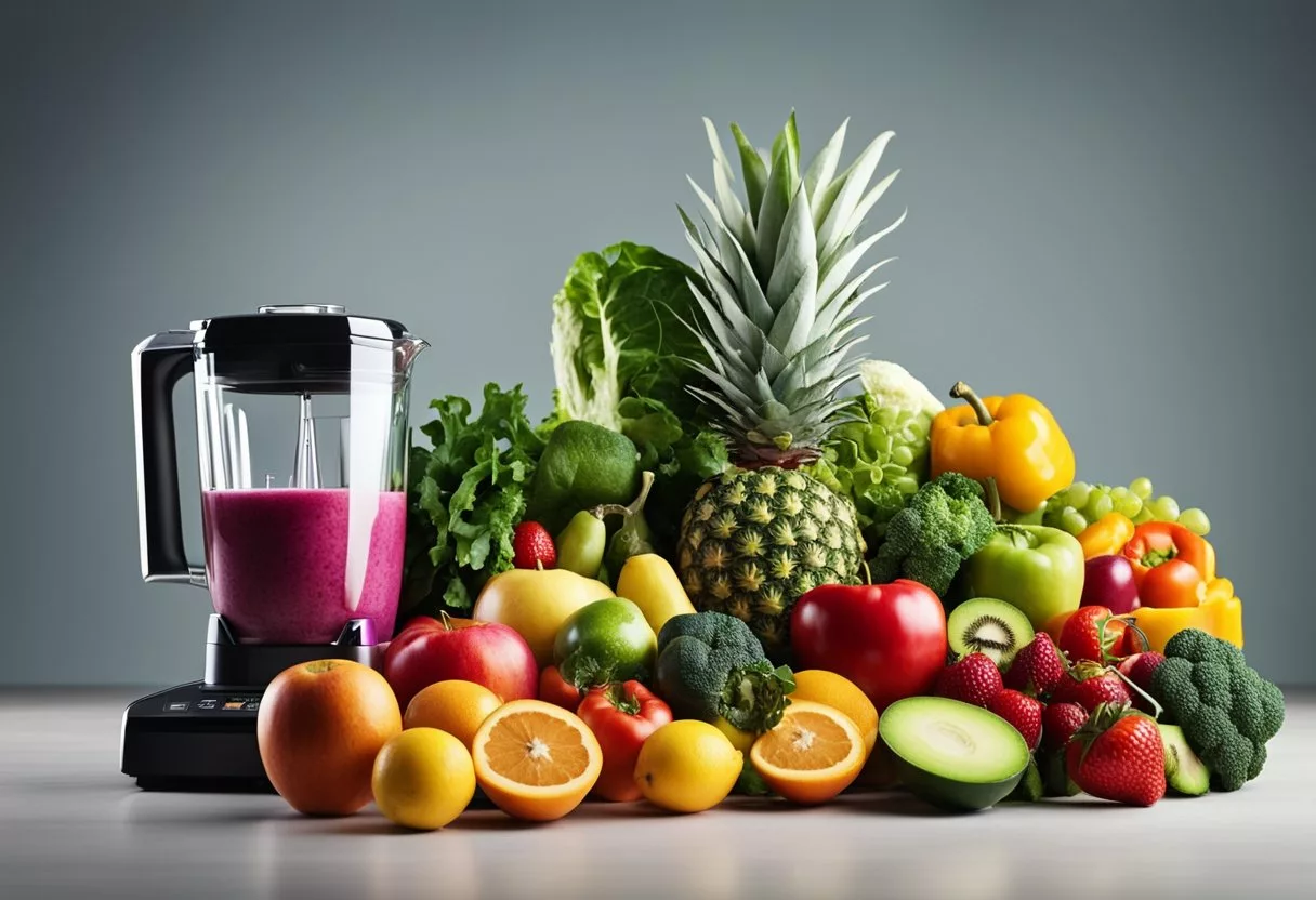 A colorful array of fresh fruits and vegetables, a blender, and a tape measure symbolizing fat loss