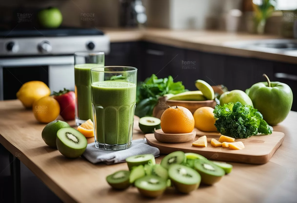 A table with assorted fruits, vegetables, and a blender. A book titled "Understanding Belly Fat" next to a glass of green smoothie