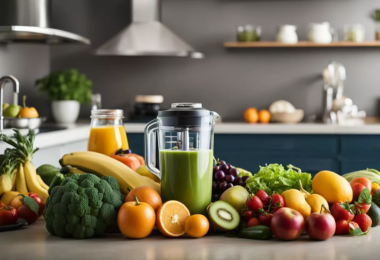 A colorful array of fresh fruits and vegetables, a blender, and a measuring cup sit on a kitchen counter. A banner with "Frequently Asked Questions smoothies to lose belly fat fast" hangs in the background