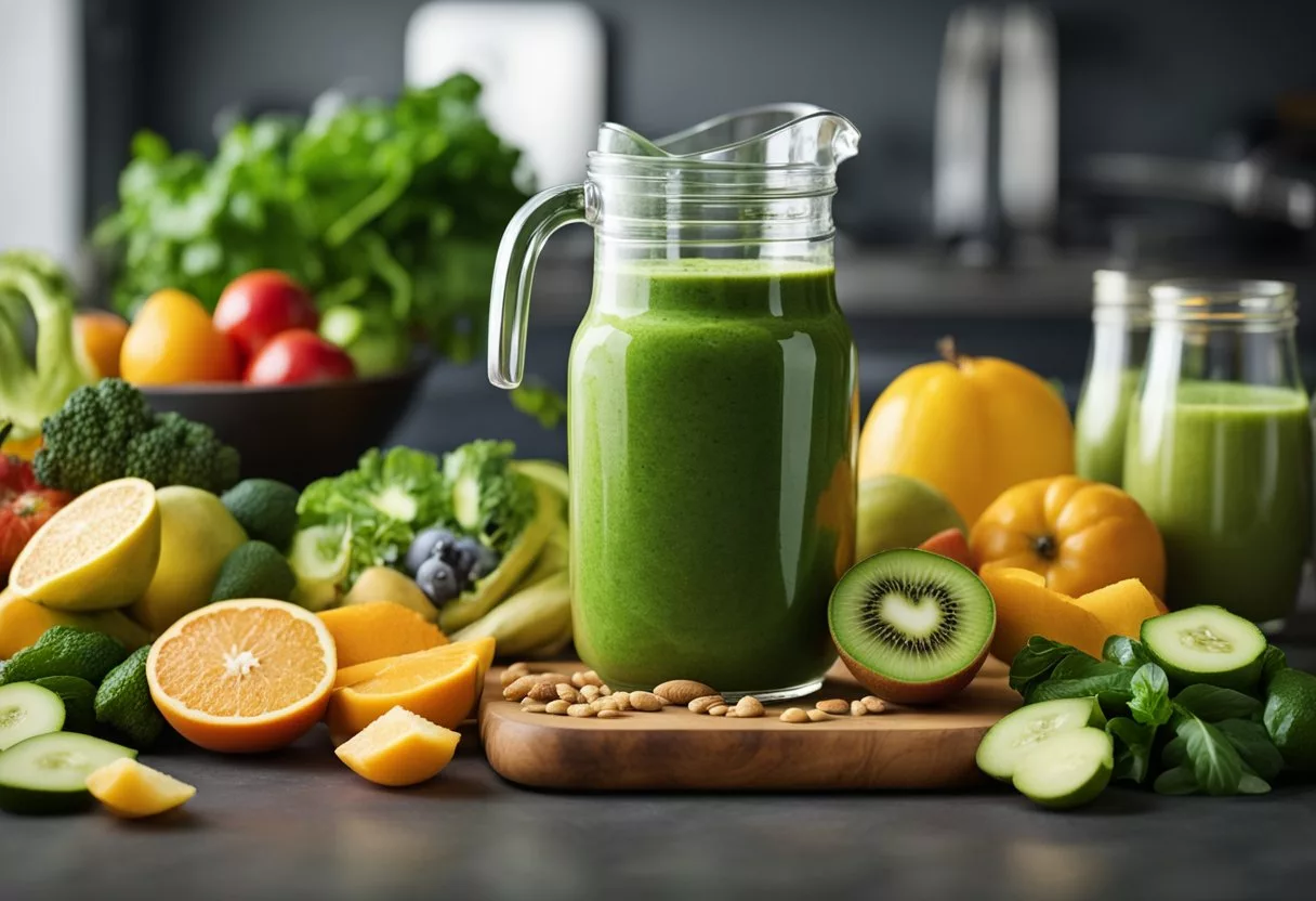 A table filled with fresh fruits, vegetables, and protein powders. A blender whirring as ingredients are mixed. A glass filled with a vibrant green smoothie