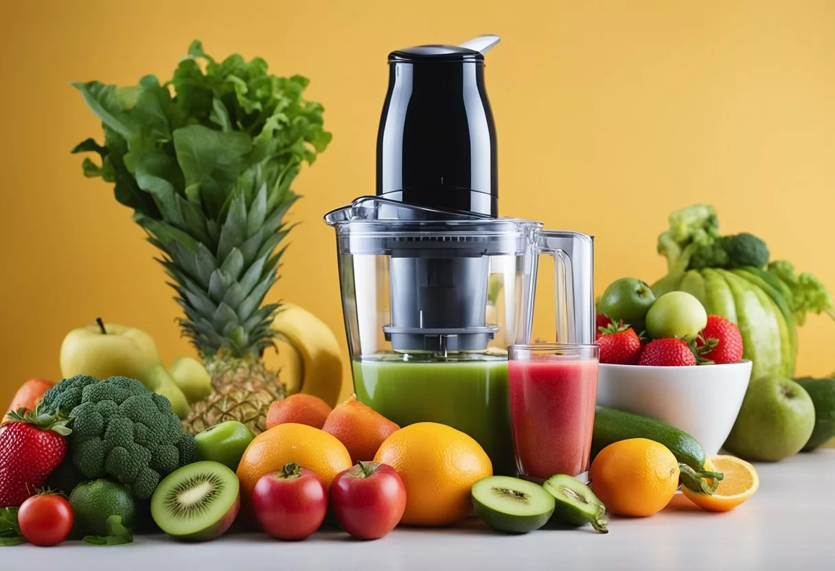 A colorful array of fresh fruits and vegetables, a blender, and a measuring cup with no added sugars